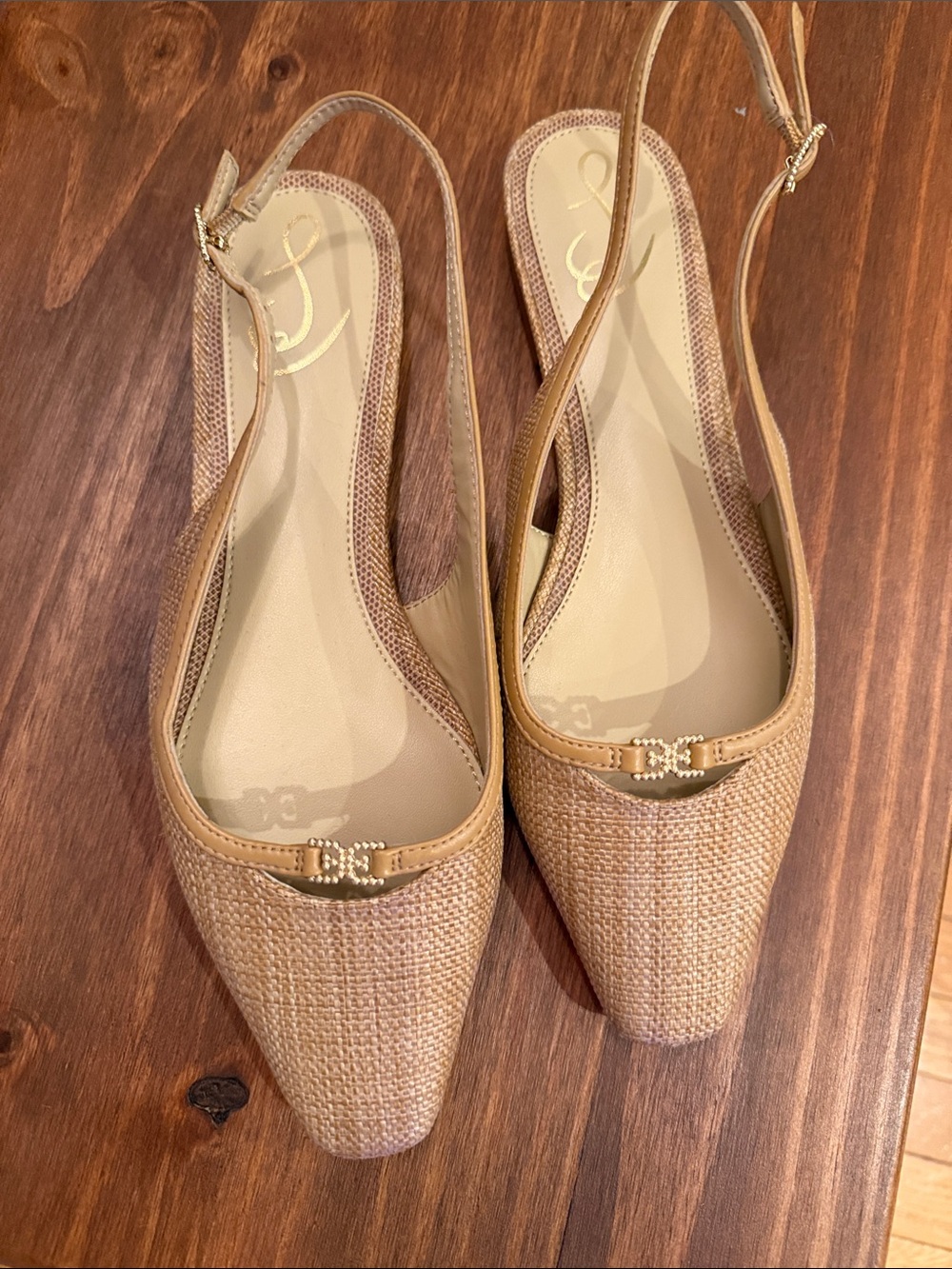 Sam Edelman Beige Woven Pointed-Toe Slingback Flats with Gold Accent
